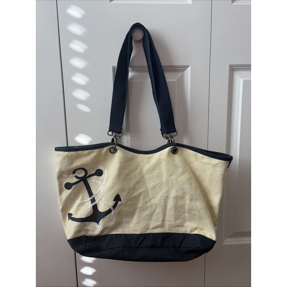 Thirty One Canvas Crew Tote Natural w/Navy Anchor Double Handle Nautical Large